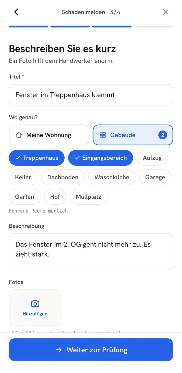 hinc-App: Mieter meldet einen Schaden und wählt die betroffenen Räume