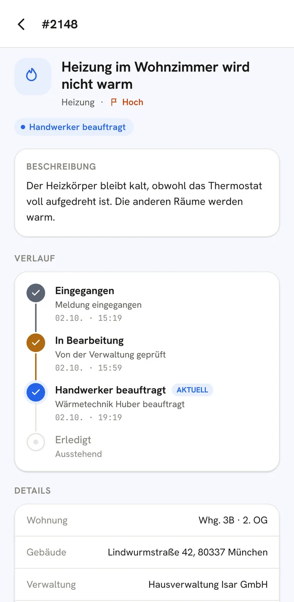 hinc-App: Statusverlauf einer Meldung bis zur Beauftragung des Handwerkers