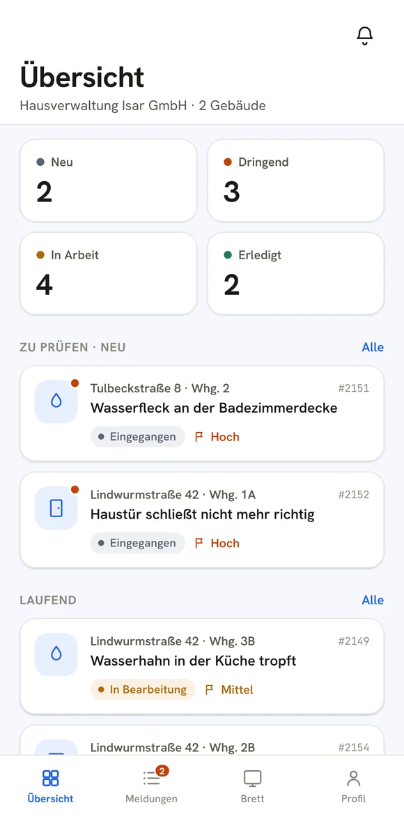 hinc-App: Übersicht der Verwaltung mit neuen und laufenden Meldungen